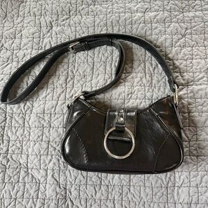 Black Patent Leather Shoulder Bag with Silver Ring Accent